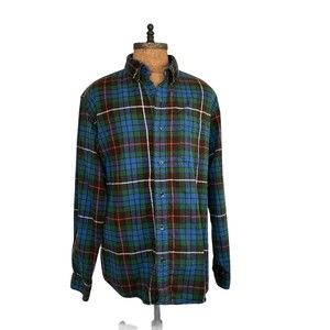 LL Bean Men’s Scotch Plaid Flannel Shirt Sz XL 228061 100% Cotton Green Blue